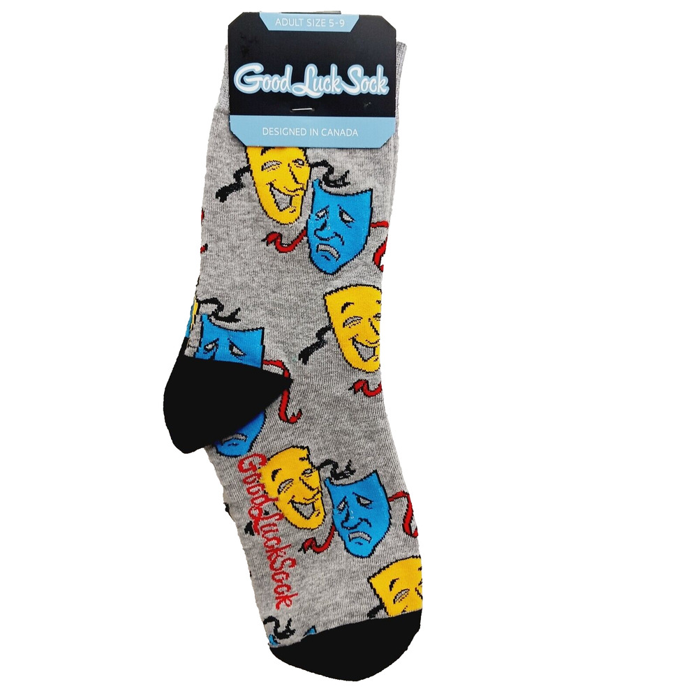 Good Luck Socks Crew Women Boy Comedy Tragedy Masks Greek Theater Blue NWT NEW
